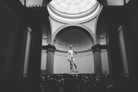 Panoramic view of hall with sculpture is David by Italian artist Michelangelo