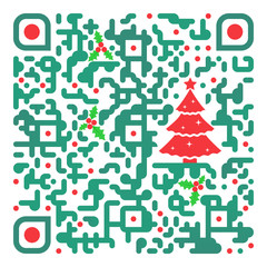 Happy New year and Merry Christmas congratulations. Text message qr code. Decorated with a images of a red Christmas tree and holly leaves. Change colors with care!