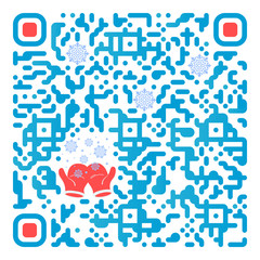Happy New year congratulations. Text message qr code. Decorated with a images of a red mittens and snowflakes. Change colors with care!