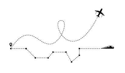 Airplane line path icon of airplane flight route and train railway with start point.