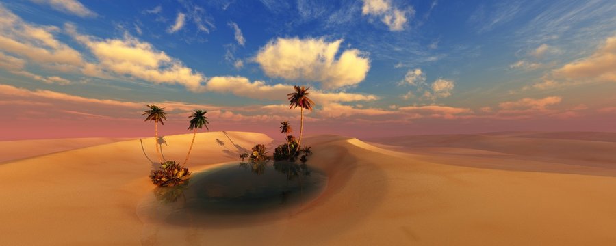 Oasis at sunset in a sandy desert, a panorama of the desert with palm trees, 3d rendering © ustas