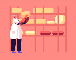 Dairy Food Producing and Retail Industry. Woman Factory Worker, Technologist Put Round Cheese Heads on Racks for Aging and Getting Prepared. Cheesemaking Process Cartoon Flat Vector Illustration