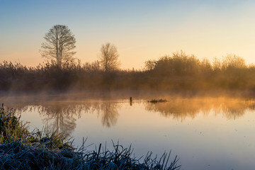 Mgły i szron o poranku, Rzeka Narew, Narwiański Park Narodowy, Podlasie, Polska © podlaski49