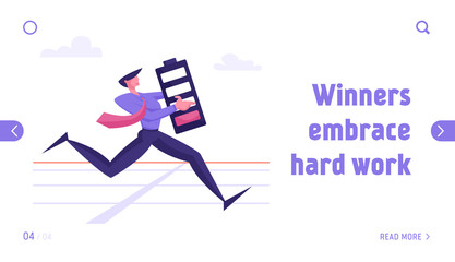 Obraz premium Challenge for Job Leadership Website Landing Page. Exhausted Businessman Running on Stadium with Huge Battery with Red Low Energy Indicator in Hands Web Page Banner. Cartoon Flat Vector Illustration