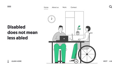 Job for People with Physical Disability Website Landing Page. Disabled Young Woman in Wheelchair Working in Office with Healthy Colleague Web Page Banner. Cartoon Flat Vector Illustration, Line Art