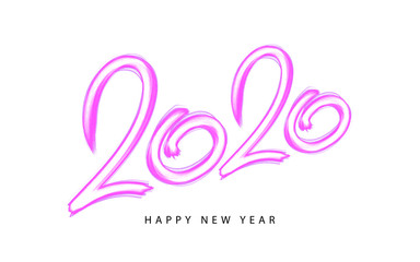 2020 happy new year card, banner. Creative holiday poster. Hand drawn design pink colour pencils numbers. Handwritten modern brush lettering background isolated vector. Style neo-geometric
