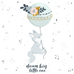 poster with fox and balloon - vector illustration, eps