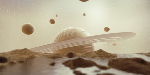 Abstract Sci Fi Huge Saturn with Galaxy Star and lake landscape background, 3d rendering.