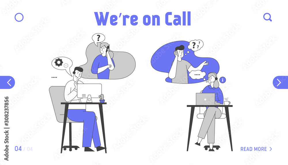 Aufkleber hotline service website landing page. call center staff in headset chatting with customers on comput
