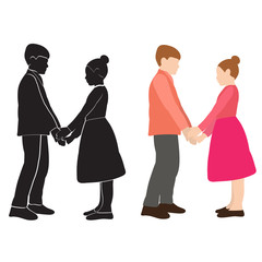 vector, isolated, silhouette guy and girl holding hands