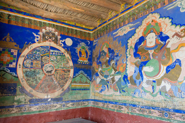 Ladakh, India - Jun 27 2019 - Ancient Mural at Thikse Monastery (Thikse  Gompa) in Ladakh, Jammu and Kashmir, India. The Monastery was originally built in 15th century.