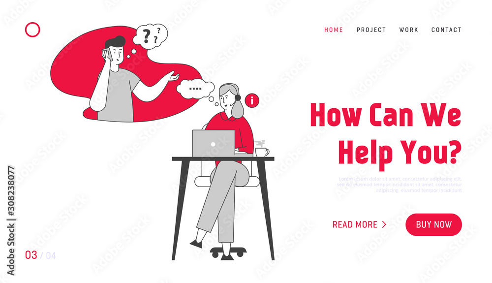 Poster technical receptionist customer support service website landing page. hotline consultant chatting wi