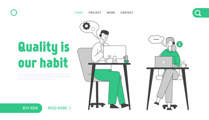 Call Center Website Landing Page. Agents with Headset Working on Support Hotline in Office Helping Clients to Figure Out with their Problems Web Page Banner. Cartoon Flat Vector Illustration, Line Art