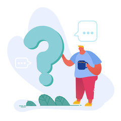Thoughtful and Doubtful Male Character Stand near Huge Question Mark with Cup of Coffee in Hand Thinking or Searching Problem Solution. Man Using Faq Service Concept. Cartoon Flat Vector Illustration
