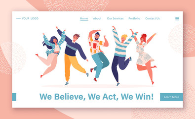 Concept of landing page on success and achievement theme. Template for website or web page with happy, young, joyful jumping people with raised hands. Motivation, teamwork and friendship. 