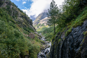 Fototapeta na wymiar Panorama view of mountains scene in national park of Dombay, Caucasus, Russia