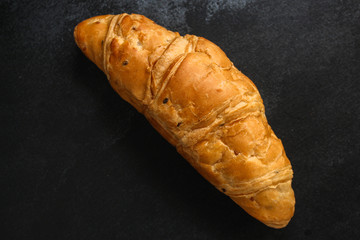 croissant bun (delicious fresh pastries, sandwich roll) menu concept. food background. top view. copy space