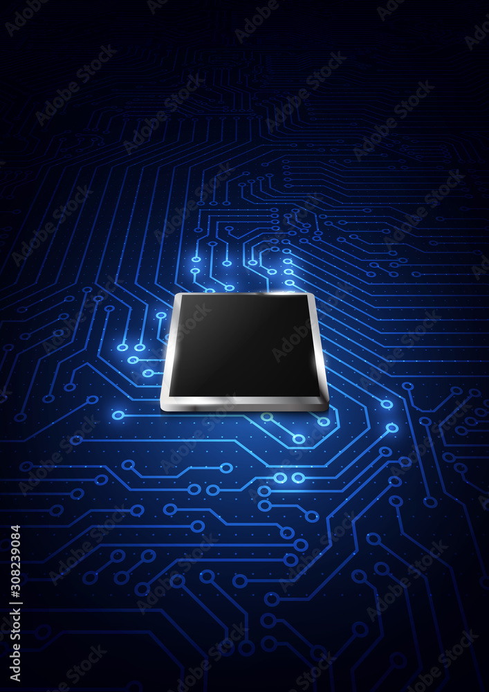 Aufkleber cpu chip and circuit board. blue microprocessor background.