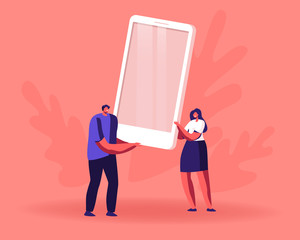 People Using Smartphone Concept, Digital Portable Mobile Device, Smart Technologies for Communication. Male and Female Characters Holding Huge Modern Cellphone. Cartoon Flat Vector Illustration