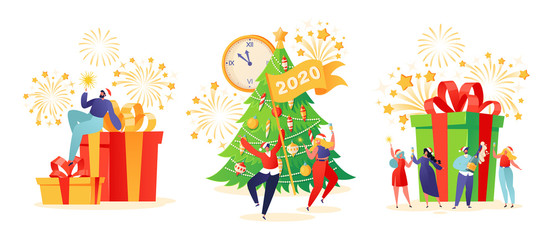 Set of flat cartoon people characters with holiday scenes. Women and men dancing and having fun, drinking champagne, give presents. People in anticipation of the celebration of Christmas and New Year.
