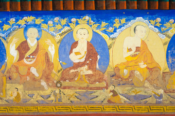 Ladakh, India - Jun 27 2019 - Ancient Mural at Thikse Monastery (Thikse  Gompa) in Ladakh, Jammu and Kashmir, India. The Monastery was originally built in 15th century.