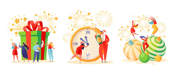 Set of illustrations on winter holidays theme. Flat people characters celebrate New Year and Christmas. Group of colleagues on corporate party, couple with champagne and big clock, dancing girls.