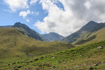 Fototapeta na wymiar Panorama view of mountains scenes in national park Dombay, Caucasus