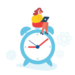 Business Working Process Concept. Businesswoman Sitting on Huge Alarm Clock with Laptop in Hand. Time Management Procrastination Multitasking Productivity Infographics Cartoon Flat Vector Illustration