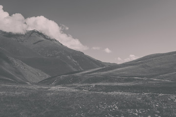Panorama view of mountains scenes in national park Dombay, Caucasus