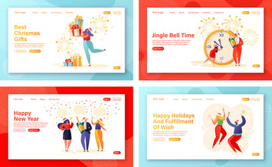Obraz na płótnie Canvas Set of concept for landing pages on New Year party celebration theme. People characters dancing in santa claus hats, holding sparklers and champagne in hands, prepare gifts and make wishes. 