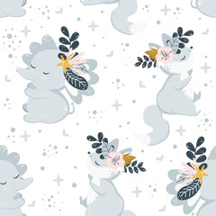 seamless pattern with animals and flowers on the white background - vector illustration, eps