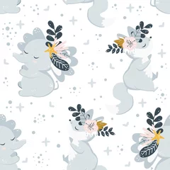 Velours gordijnen Olifant naadloos patroon met dieren en bloemen op de witte achtergrond - vectorillustratie, eps