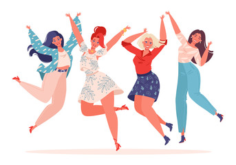 Set of young, stylish women jumping and dancing on white background. Successful self-sufficient women, theme of feminism, successful struggle for women's rights, concept of friendship and teamwork.