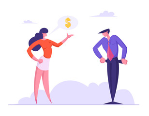 Businesswoman Creditor or Bank Employee Demand Finance from Businessman with No Money Showing Empty Pockets Turned Out. Bankruptcy and Financial Crisis Concept. Cartoon Flat Vector Illustration