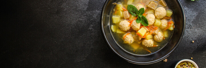 soup meatballs (poultry, chicken, turkey, vegetables) menu concept. food background. top view. copy space