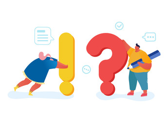People Searching and Giving Information Concept, Tiny Characters Looking for Solution to Urgent Issues around Huge Exclamation and Question Marks. Faq Tips, Teamwork Cartoon Flat Vector Illustration