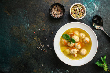 soup meatballs (poultry, chicken, turkey, vegetables) menu concept. food background. top view. copy space