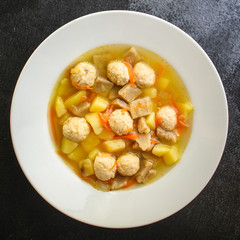 soup meatballs (poultry, chicken, turkey, vegetables) menu concept. food background. top view. copy space