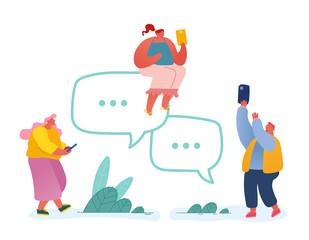 Young Man and Women with Smartphones and Speech Bubbles Using Gadgets for Chatting and Texting to Friends. People Crowd Communicating Use Internet Technologies in Life Cartoon Flat Vector Illustration