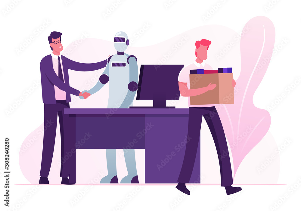 Poster automation, futuristic technologies and artificial intelligence concept. human vs robot. boss shakin