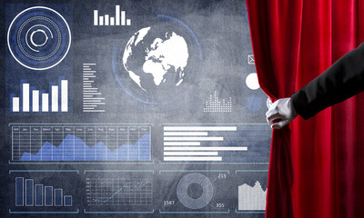 Business success strategy concept presented by infographs on concrete wall