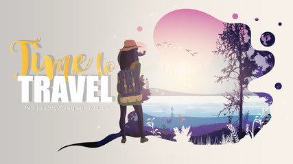 Time to travel banner. Girl with a tourist backpack. Forest landscape. Banner for tourism and travel advertising. Vector