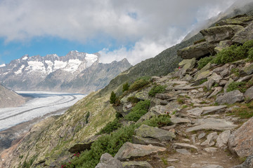 Panorama of mountains scene, walk through the great Aletsch Glacier