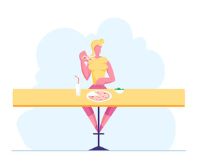 Obraz na płótnie Canvas Young Woman Visiting Fastfood Restaurant or Cafe. Female Character Sitting at Table Eating Pizza and Drinking Soda Beverage. Girl Have Relaxing Sparetime in Cafeteria. Cartoon Flat Vector Illustration