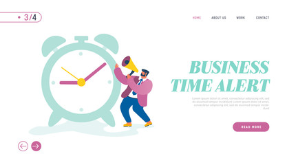 Time Management Website Landing Page. Business Man Company Boss Character Yelling to Megaphone Stand at Huge Clock Managing Working Process in Office Web Page Banner. Cartoon Flat Vector Illustration