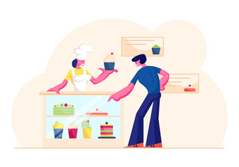 Young Man Customer Buying Pastry in Bakery Shop with Different Production on Showcase Ordering at Counter Desk. Woman Baker in White Uniform Giving to Big Sweet Cake. Cartoon Flat Vector Illustration
