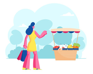 Woman Buyer Stand at Desk with Farmer Fresh Vegetables on Market