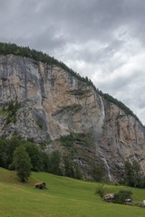 Fototapeta na wymiar View closeup waterfall Staubbach fall in mountains, valley of waterfalls