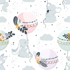 Behang Dieren met ballon naadloos patroon met vliegende dieren op ballonnen - vectorillustratie, eps