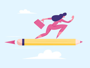 Purposeful Business Woman or Manager with Briefcase Flying on Pencil Rocket to Working Success and Goal Achievement. Girl Reach New Level of Development, Career Boost. Cartoon Flat Vector Illustration